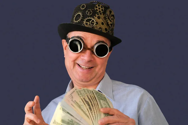 Adult Elderly Man Hat Black Glasses Steampunk Style Parapunk Holding — Stock Photo, Image