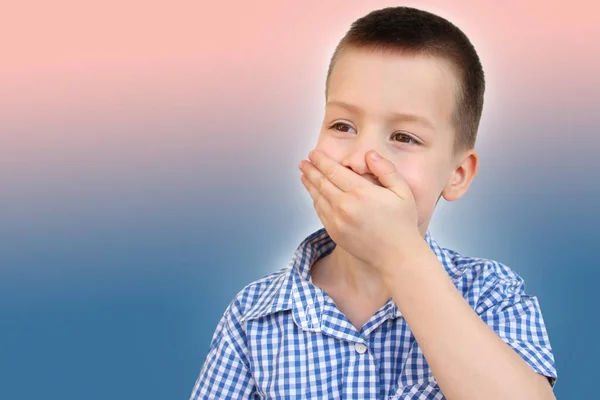 Boy Kid Covered His Mouth His Palms Say Anything Superfluous — Stock Photo, Image
