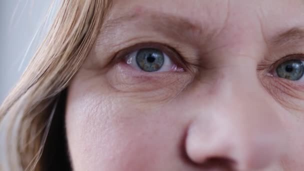 虹彩の斑点 まぶたのしわが閉じる 人間の視覚概念 視神経の健康 神経性 近視症 多毛症 視力検査 遺伝子工学 メスのアンテナだ — ストック動画