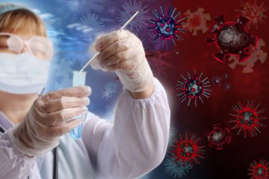 Bilim adamı, doktor bir laboratuvar tüpü tutuyor ve DNA, patoloji, covid-19 koronavirüs modeli, aşı konsepti, 3D çizim, 3D görüntüleme için biyolojik materyal testi yapıyor.