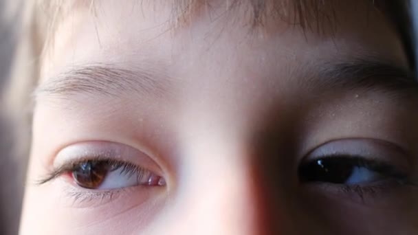 Teil Des Gesichts Des Kindes Menschliches Auge Blickt Die Kamera — Stockvideo
