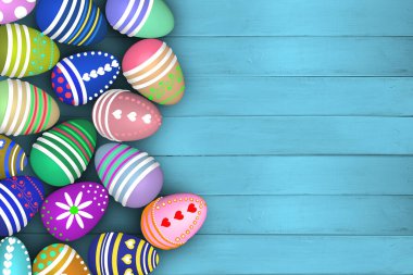 Renkli boyalı yumurtalar 3D modelleme, tasarım, kartpostallar, Paskalya, Hıristiyan gelenekleri, tatiller, bahar festivali, 3D çizimler için ahşap zemin