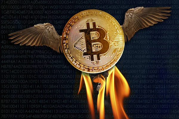 Bitcoin e-kripto para birimi. Mavi gökyüzünde bulutlarla uçar. Eşler arası ödeme sistemi, yükselme ve düşüş kavramı tabii ki.