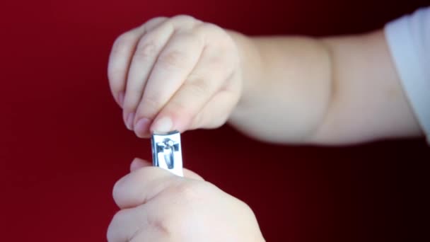 女手拿着金属钳 在红色背景上剪指甲 这是日常卫生 修指甲 护理手部的概念 — 图库视频影像