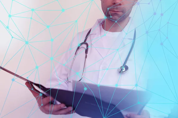 double exposure of business man, doctor on tablet, patient healthcare concept with social media diagram