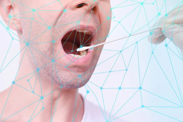 double exposure neural, social network, lab assistant in gloves takes a mans saliva sample from his mouth for DNA analysis, a concept of police investigation and medical examination