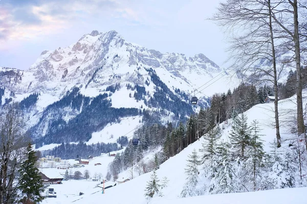 concept of active lifestyle, christmas vacationswitzerland in winter, snow in the mountains, trees, houses, Engelberg ski resort,