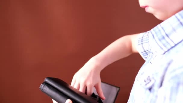 Child Kid Holding Black Leather Wallet Looking Money Hands Close — Stock Video