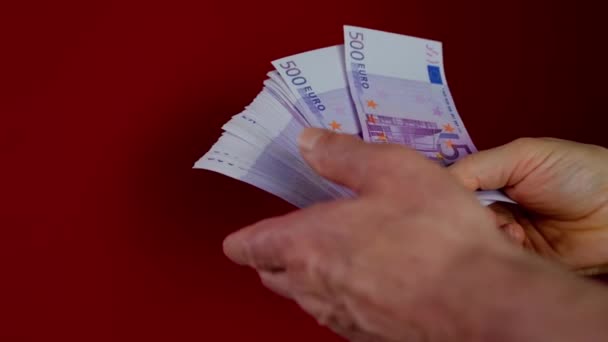 男性の手は彼の手に紙幣500ユーロ紙幣を持ちます お金の束を数えます 現金の概念 支払い Eu諸国でのショッピング — ストック動画