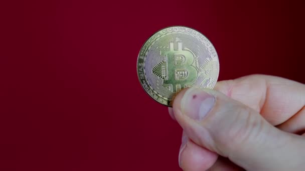 Man Hand Hålla Mynt Guld Bitcoin Röd Bakgrund Försäljning Diagram — Stockvideo