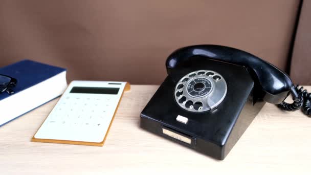 Close Child Hand Holding Receiver Vintage Black Telephone Talking Hotline — Stock Video