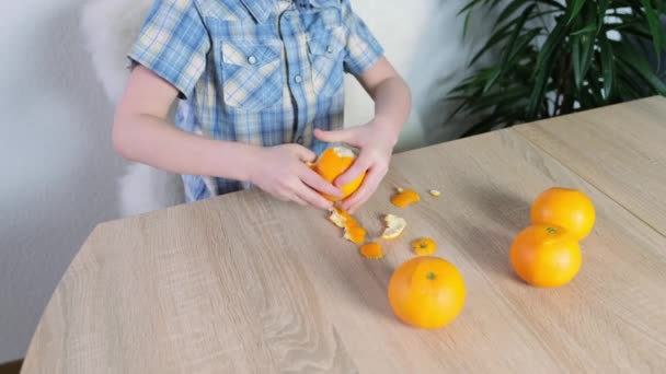 Kind Junge Jahre Alt Schält Große Orangen Das Konzept Der — Stockvideo