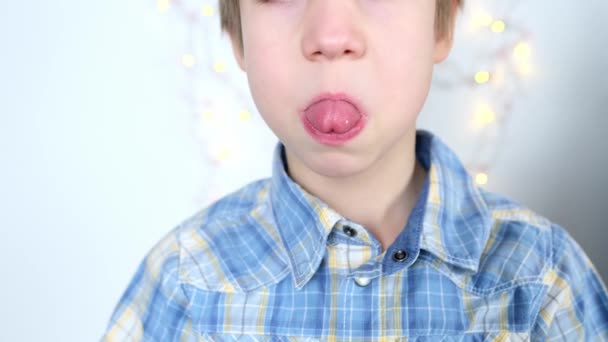 Funny Face Small Child Kid Performs Articulation Exercises Mouth Oral — Stock Video