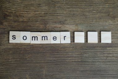 Almanca yaz tatili ahşap arka plan, beyaz denizyıldızı, yaz tatili, seyahat, tekne gezisi, plaj izlenimlerinden oluşan hacimsel harflerden oluşur.