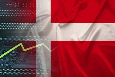 Katlı ipek üzerine ulusal Danimarka bayrağı, yeşil elektronik baskılı devre kartı PCB, büyüme oku, modern teknoloji konsepti, ticaret, ekonomi, politika, küresel dünya ticareti