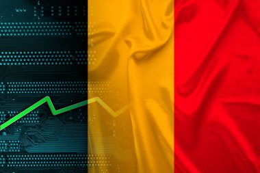 Belçika 'nın ulusal bayrağı ipek, yeşil elektronik baskılı devre kartı PCB, büyüme oku, modern teknoloji konsepti, ticaret, ekonomi, politika, küresel dünya ticareti