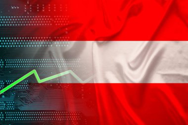Avusturya ulusal bayrağı ipek, yeşil elektronik baskılı devre kartı PCB, büyüme oku, modern teknoloji konsepti, ticaret, ekonomi, politika, küresel dünya ticareti