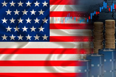 ABD ulusal bayrağı ipek, variller dolusu petrol, metal madeni para, petrol vadeli ticaret konsepti, DBO endeksinin borsada büyümesi, küresel ticaret, düşüş ve yükselen petrol fiyatları