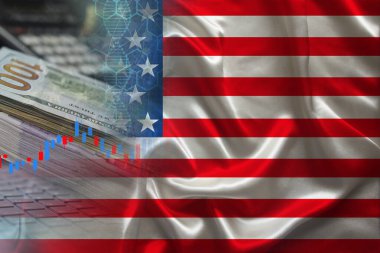 İpek, dolar banknotları, bilgisayar, DNA sarmalı, borsa konsepti, küresel ticaret, dünya para birimi için düşen ve yükselen fiyatlar, bilimsel gelişim