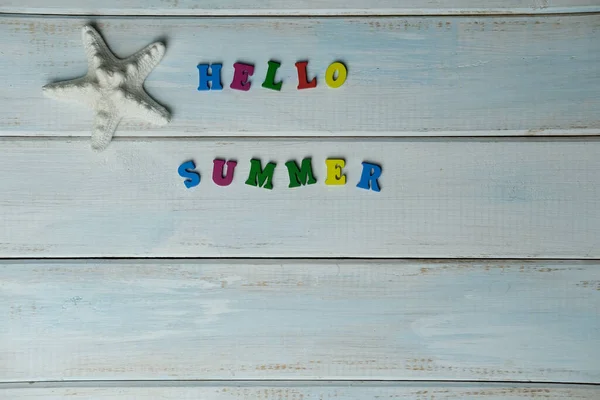 Hello Summer Made Volumetric Color Letters Light Blue Wooden Background — стоковое фото