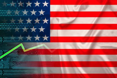 ABD bayrağı ipek, yeşil elektronik baskılı devre kartı PCB, büyüme oku, modern teknoloji konsepti, ticaret, ekonomi, politika, küresel dünya ticareti