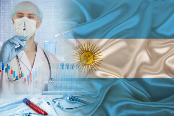 Argentina national flag on silk, doctor with a syringe, the concept of vaccination of the country\'s population, development of medical and scientific business, fight against the covid-19 coronavirus