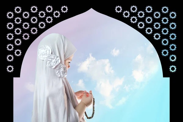 Small Innocent Child Muslim Girl White Hijab Wooden Rosary Her — Foto de Stock