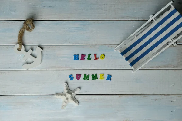 Hello Summer Made Volumetric Colored Letters Light Blue Wooden Background — стоковое фото