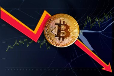 Bitcoin elektronik ticaret madeni para, kripto para ile borsa yatırım ticaret grafiği, kırmızı düşen ok, finansal yatırım konsepti, e-ticaret, boğa piyasası eğilimi