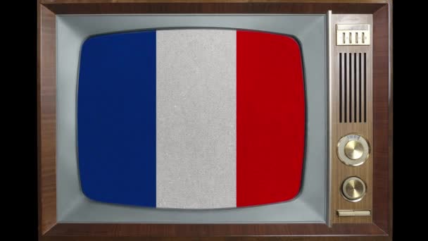 Винтажное Телевидение Национальным Флагом Франции Экране Помехи Белый Шум Концепция — стоковое видео