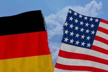iki parçalanmış bayrak Amerika ve Almanya, kötü uluslararası ilişkiler kavramı, diplomatik çatışma, küresel ticaret, politika, iş dünyası