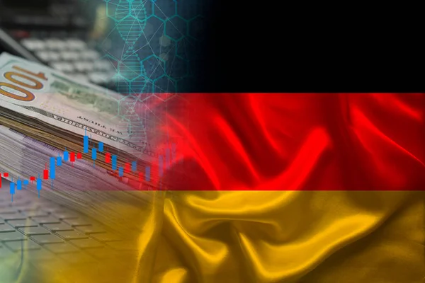 Bandera Nacional Alemania Satén Billetes Dólar Ordenador Concepto Comercio Mundial — Foto de Stock