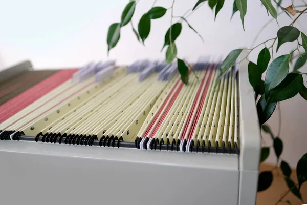 archival metal cabinet with thin files with information in the room, a home archive with folders, selective focus, a concept of a detective dossier, a file cabinet