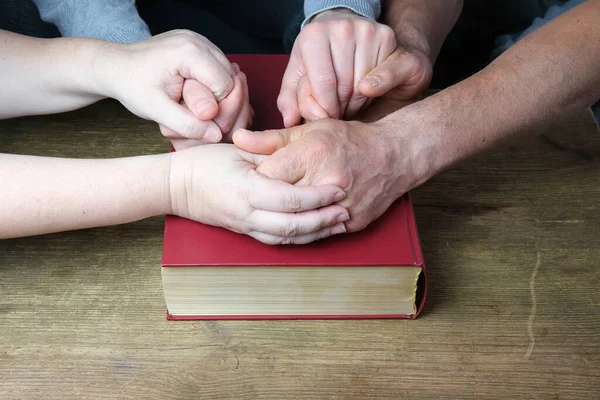 Close Hands Two Men Woman Folded Prayer Gesture Thick Family — Stock Photo, Image