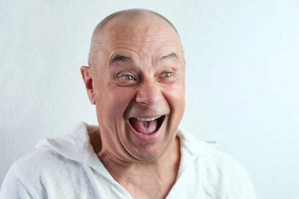 Close Face Middle Aged Man Senior White Looks Laughs Cheerfully — Stock Photo, Image
