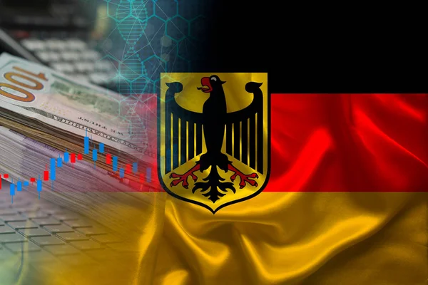 Bandera Nacional Alemania Satén Billetes Dólar Ordenador Concepto Comercio Mundial — Foto de Stock