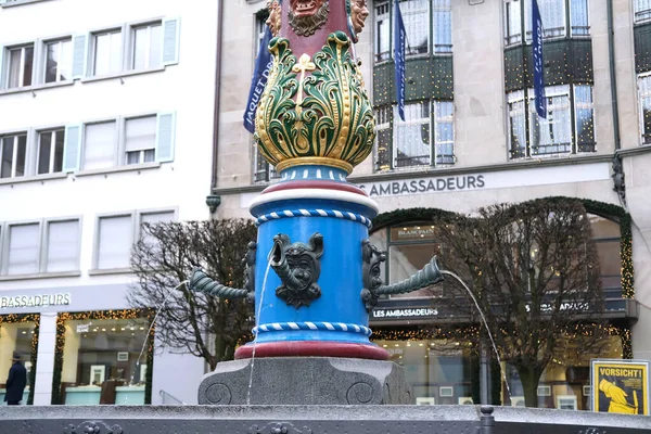 Lucerne Switzerland January 2021 Beautiful Colored Fountain Square Stream Water — Stock Photo, Image