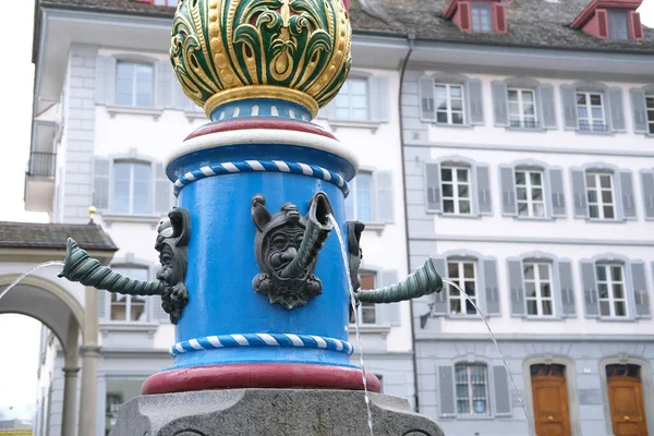 Lucerne Switzerland January 2021 Beautiful Colored Fountain Square Stream Water — Stock Photo, Image