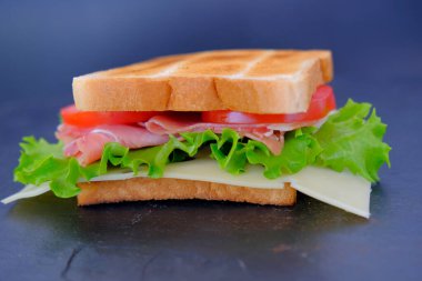 Aperatif sandviçin yanında olgun domates dilimleri, yeşil salata, peynir, jambon, kızarmış tost, hızlı atıştırma konsepti, evde fast food pişirme, şefin hazırladığı sandviç.