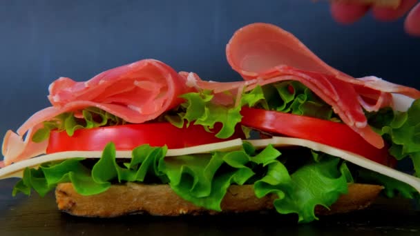 Крупным Планом Аппетитный Сэндвич Спелыми Томатными Ломтиками Зеленый Салат Сыр — стоковое видео