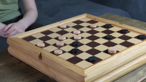 Checkers Tournament Wooden Board Two Children Brothers Playing Home Together — Stock Video