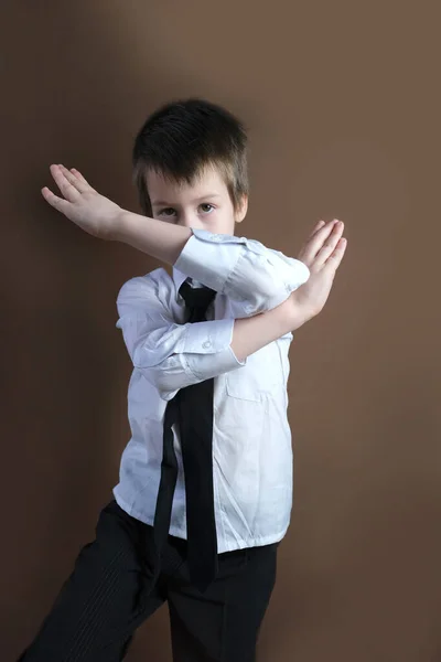 Kind Jahre Alt Kind Weißem Businesshemd Und Krawatte Das Gesicht — Stockfoto