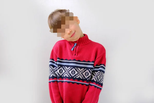 Offended Punished Child Boy Years Old Red Scandinavian Sweater Tilted — Stock Photo, Image