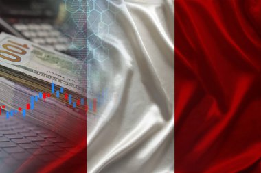 Saten, dolar banknotları, bilgisayar, borsada küresel ticaret kavramı, dünya para birimi için düşen ve yükselen fiyatlar üzerine ulusal Peru bayrağı