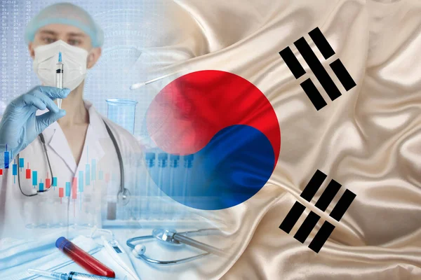 South Korea National Flag Satin Doctor Syringe Country Population Vaccination — Stock Photo, Image