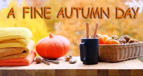 Pumpa Frukt Bordet Trädgården Vacker Suddig Natur Kopp Varmt Kaffe — Stockfoto