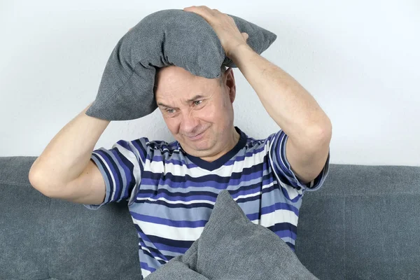 Old Bald Man Sitting Sofa Clasping His Head His Hands — Stock Photo, Image