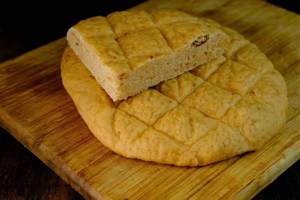 Ruddy Focaccia Kenyér Olasz Búza Lapos Kenyér Szárított Paradicsommal Szezámmal — Stock Fotó