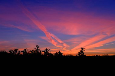 Güzel bir manzara, uçak izleri olan gökyüzü, elektrik kuleleri, gün batımındaki alan, doğanın güzelliği kavramı, modern enerji, teknoloji, parlak duvar kağıdı, tasarımcı için arka plan.