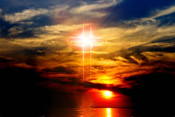 Beautiful Landscape Silhouette Divine Cross Symbol Christianity Evening Rays Sunset — Stock Photo, Image